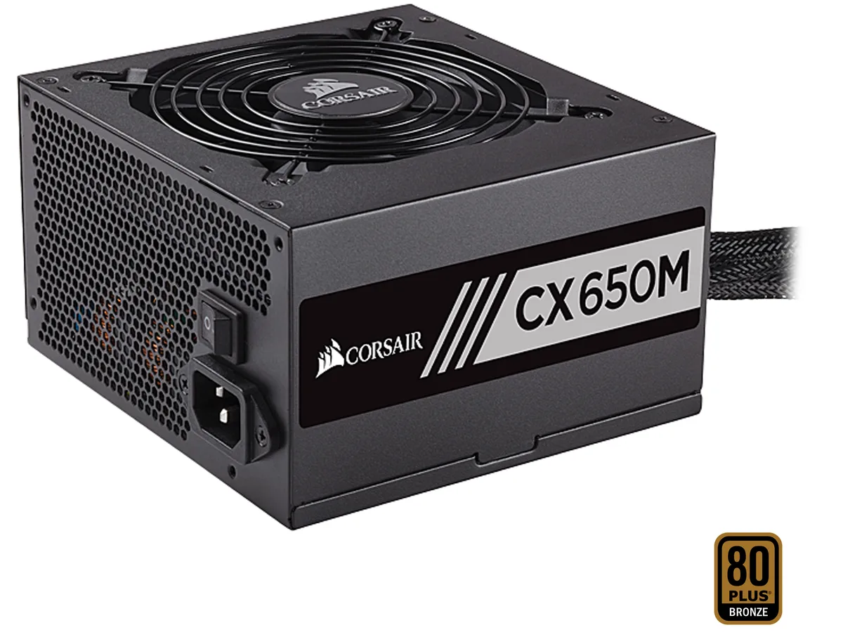 Black rectangular ATX power supply unit with semi-modular cable sockets and a 120mm fan grille