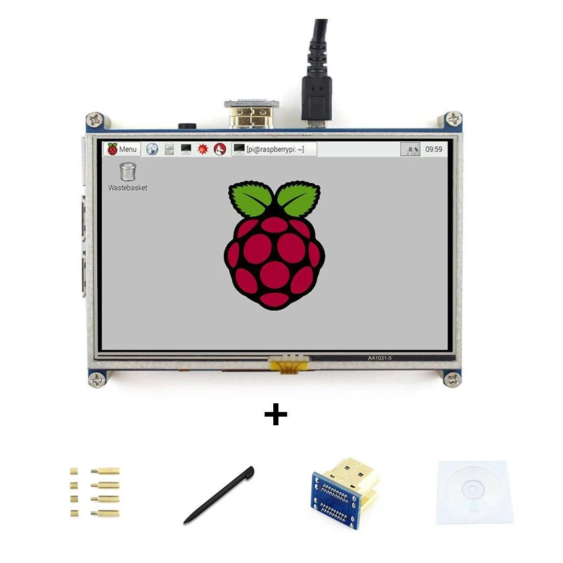 Five-inch HDMI LCD module with resistive touch screen and gold-plated surface