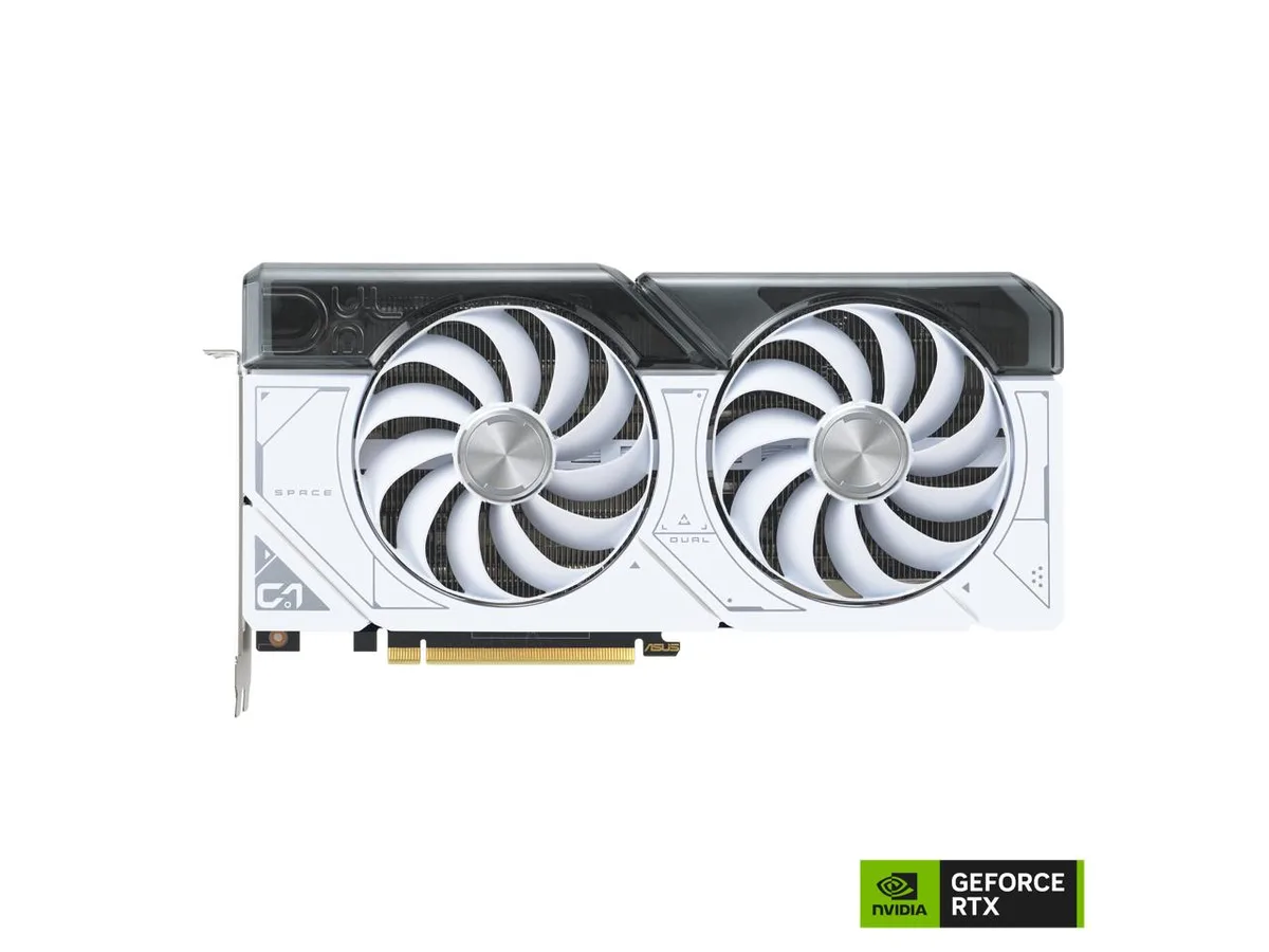 White dual-fan graphics card with silver backplate, 2.55-slot thickness