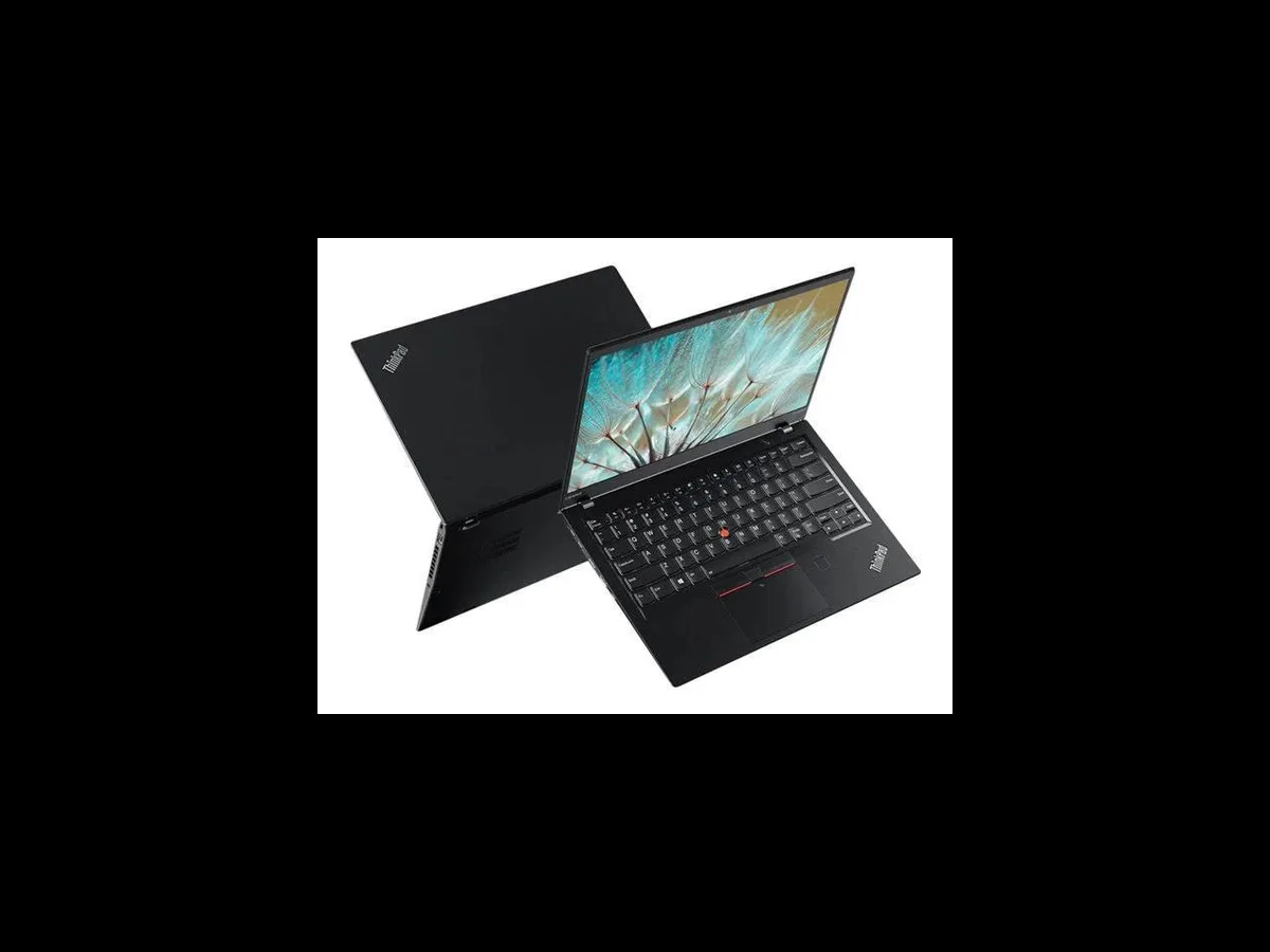 Black 14-inch business laptop with matte carbon-fibre lid, open showing keyboard marks on screen
