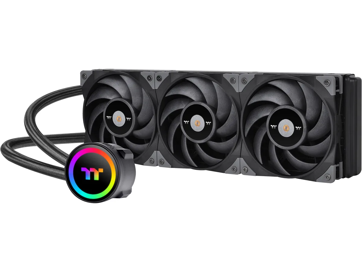 Black all-in-one liquid cooler with 360 mm radiator, three 120 mm fans, square pump block featuring 2.1 inch rotational LCD display