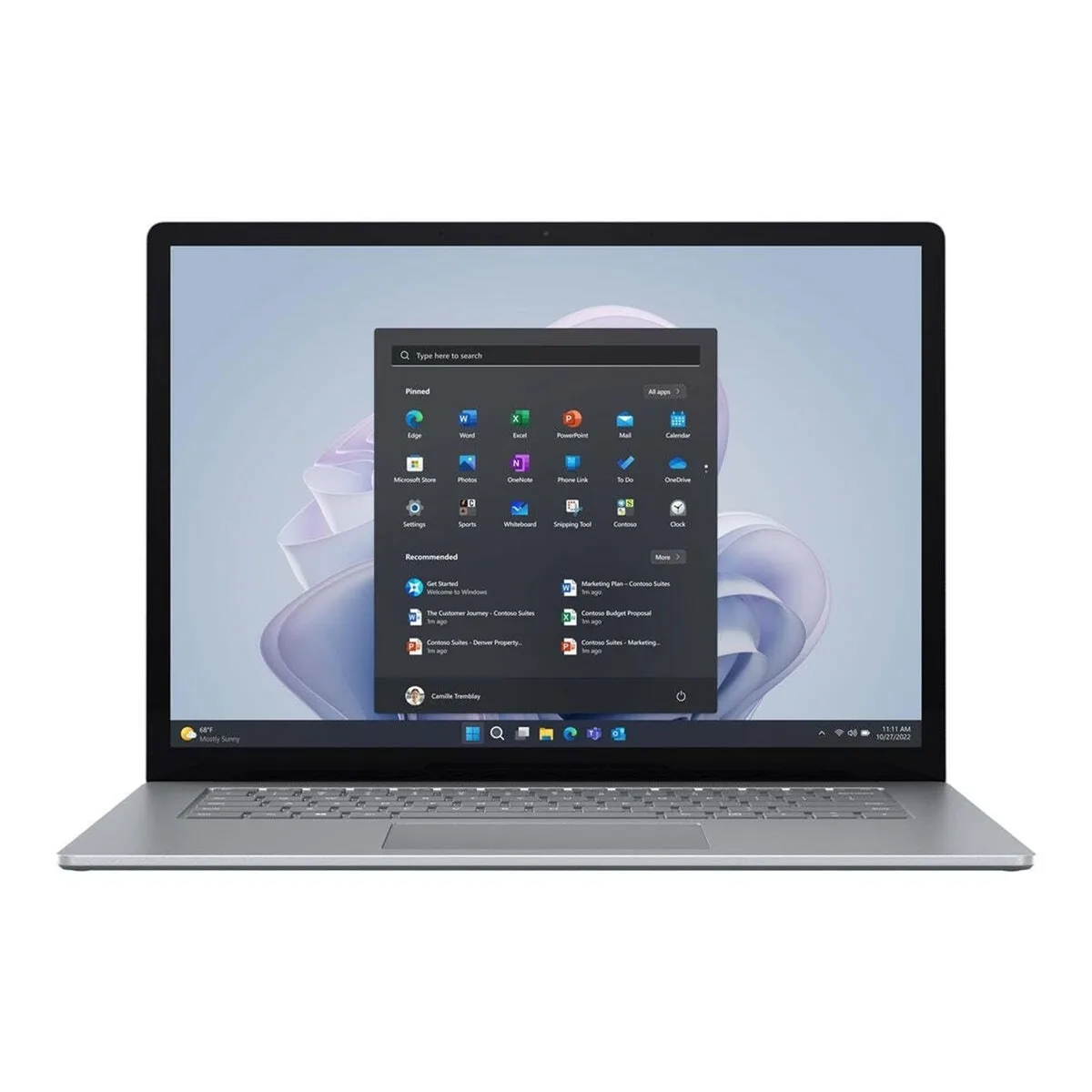 Platinum aluminium 13.5 inch touchscreen laptop open on a desk