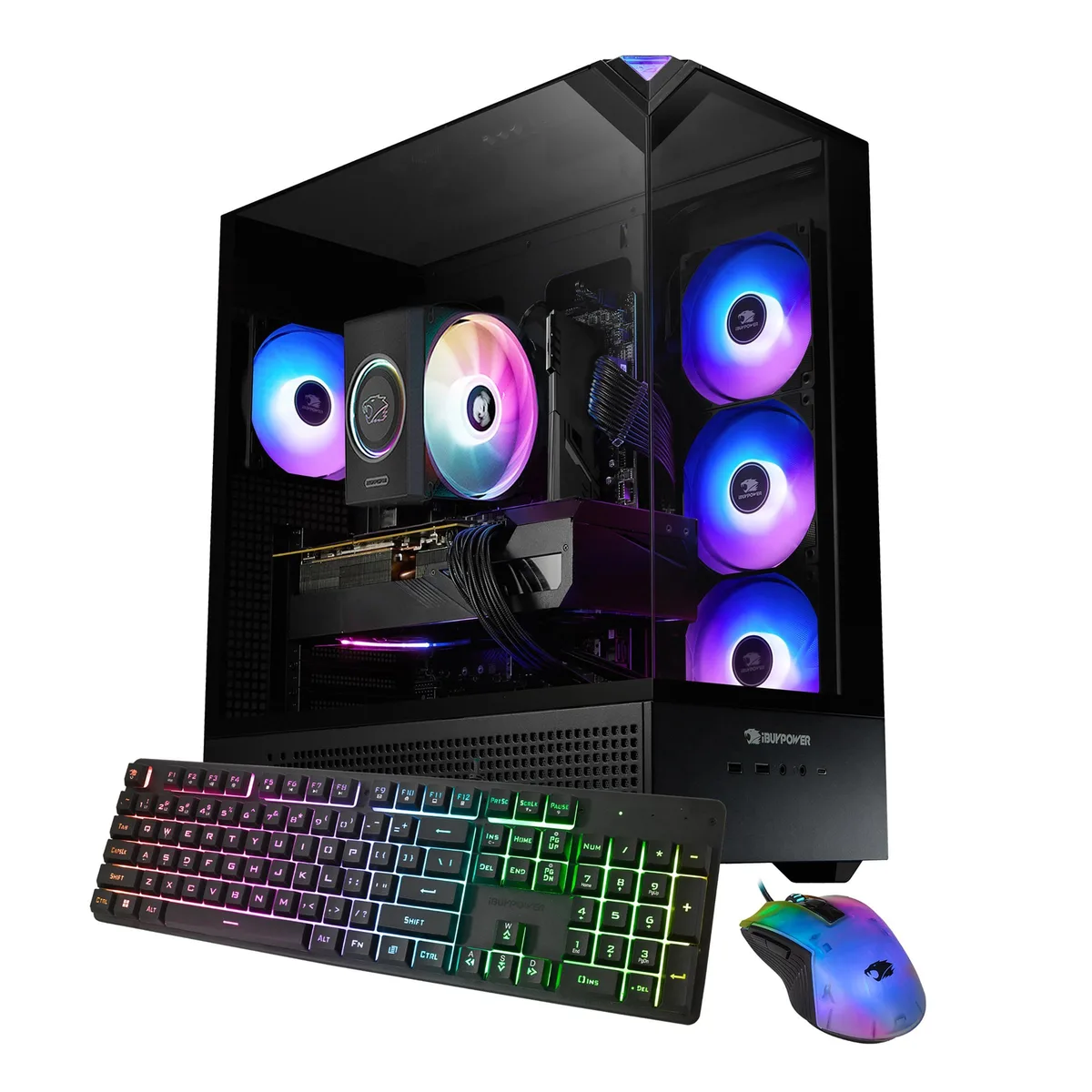 Black mid-tower gaming desktop with RGB lighting
