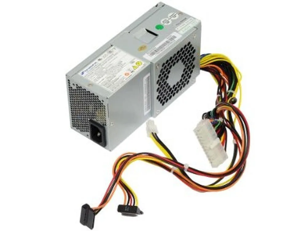 Rectangular metal power supply unit with ventilation grille and label showing model numbers