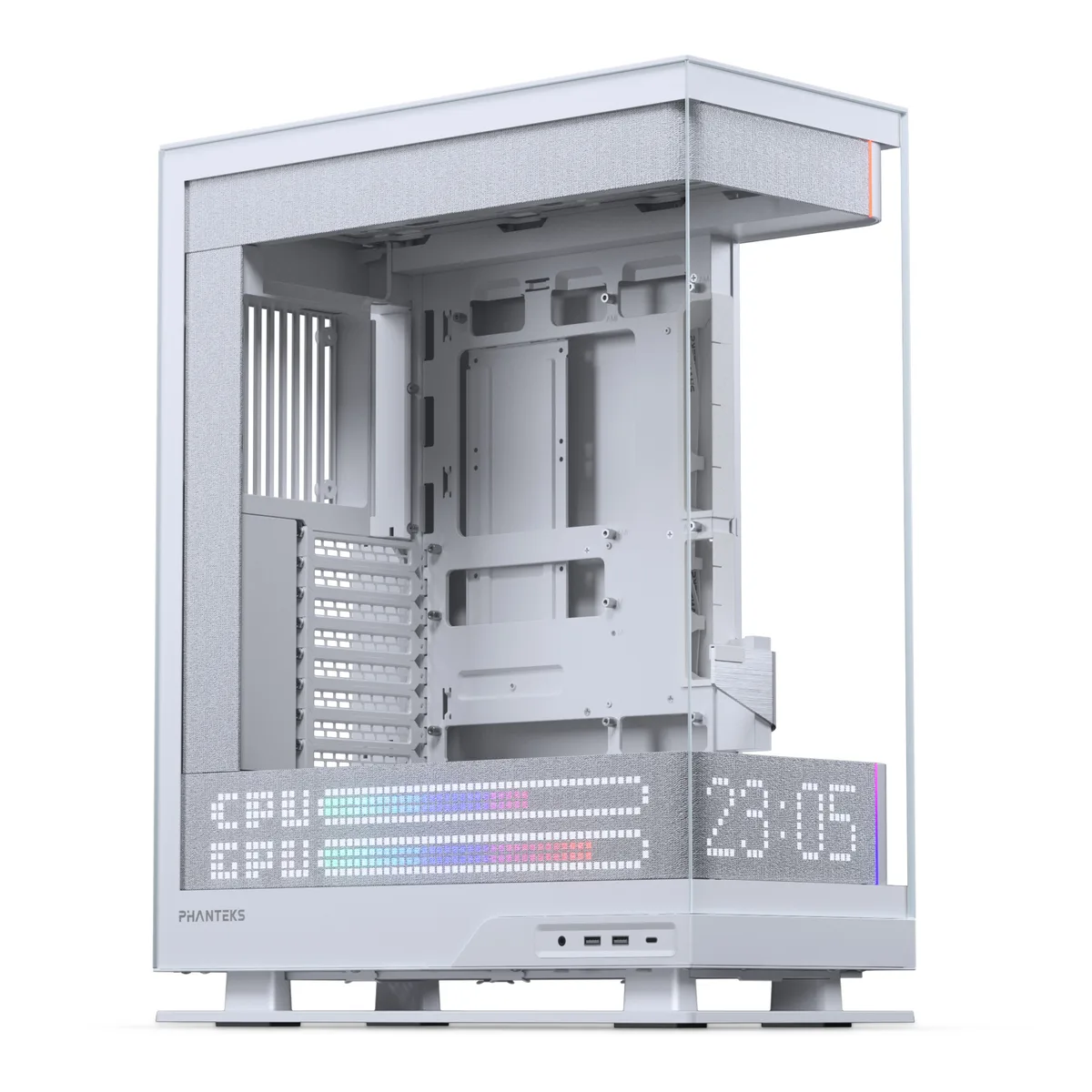 White mid-tower case with tempered glass side panel and fabric interior panel hiding 900 LED matrix display