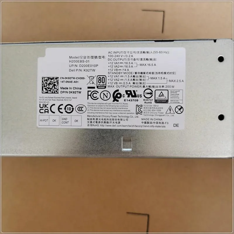 Black ATX power supply unit with side sticker showing model numbers and 200W rating