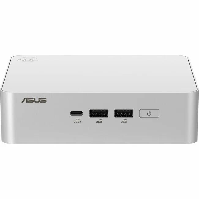 Compact silver mini desktop computer with power adapter