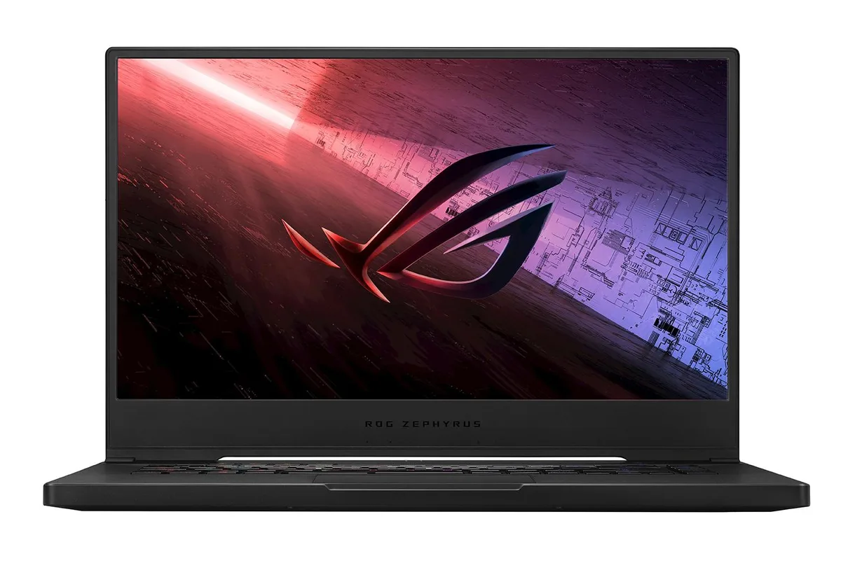 Metallic black gaming laptop, thin profile, backlit keyboard, 15.6 inch display