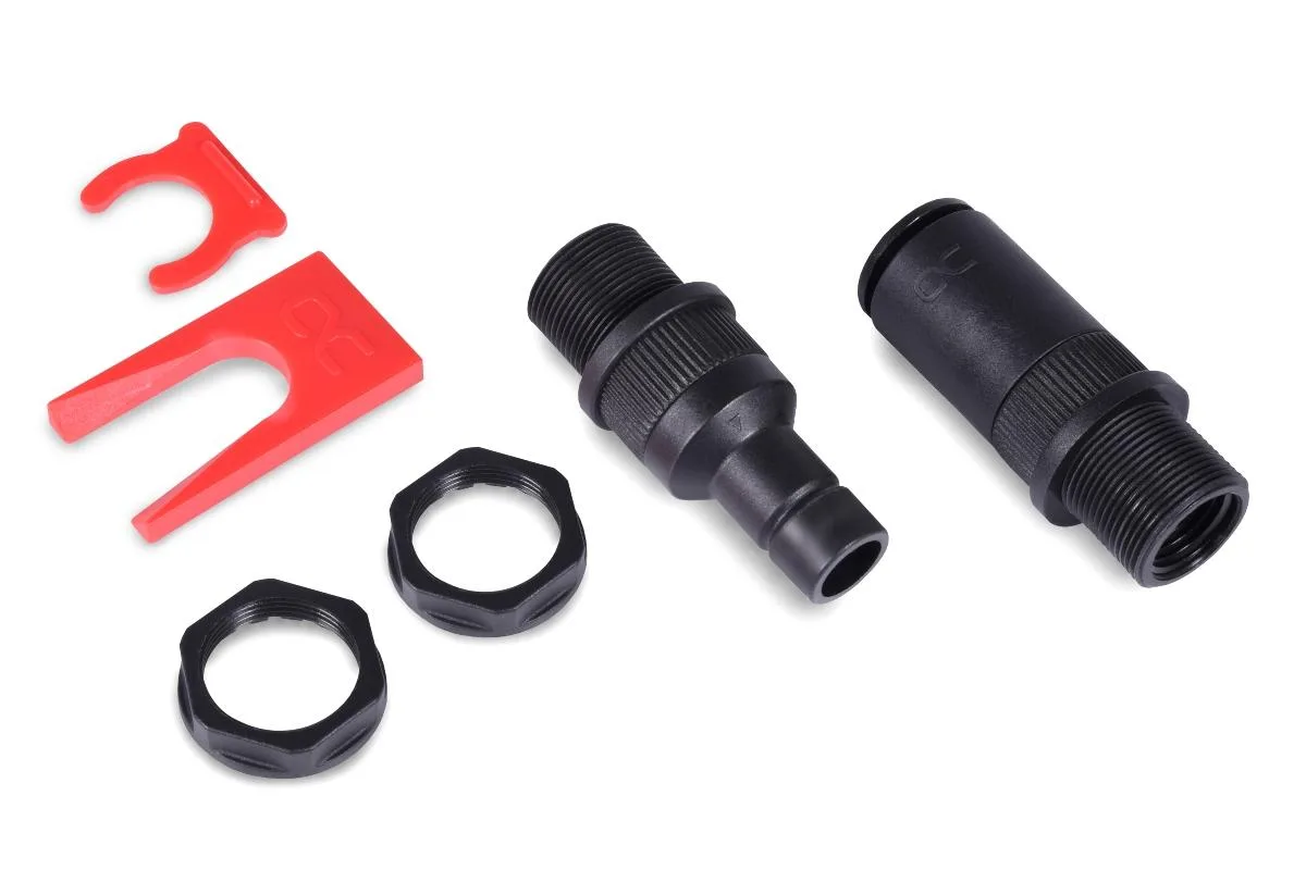 Black quick-release coupling set with two G1/4 male threads and lock nuts for bulkhead mounting