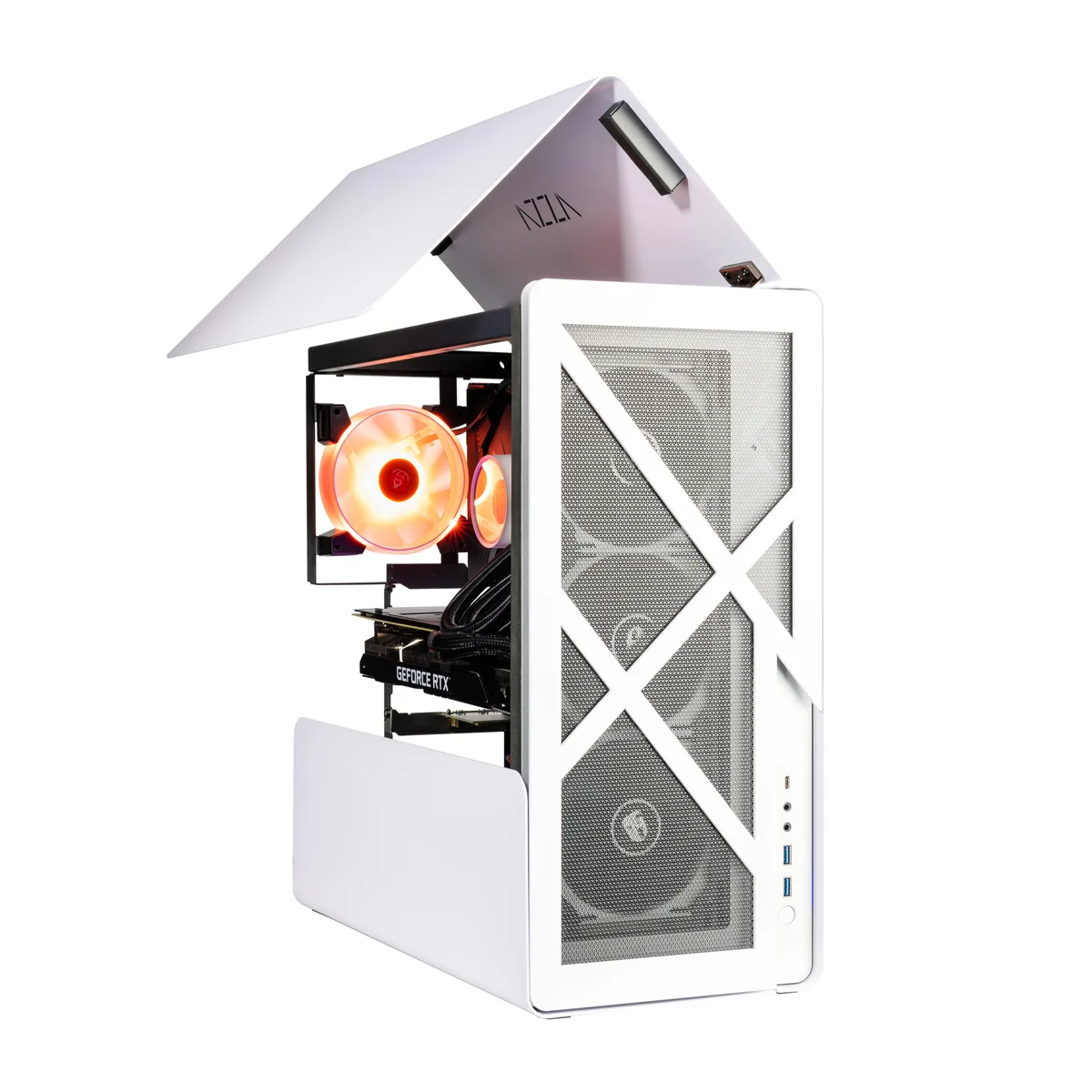 White open-air desktop tower with 360mm AIO liquid cooler and RGB lighting