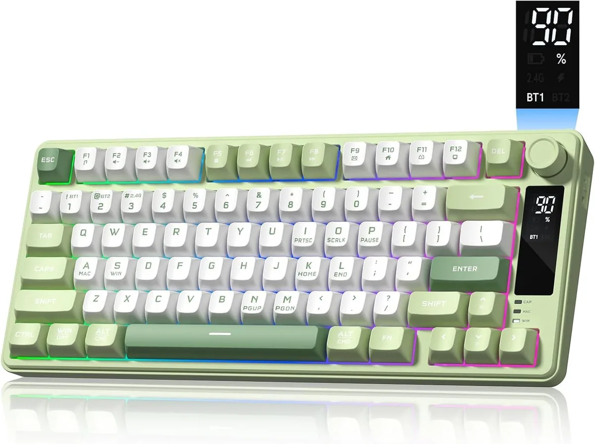 Compact 75 percent wireless gaming keyboard with RGB backlighting, media knob and OLED screen