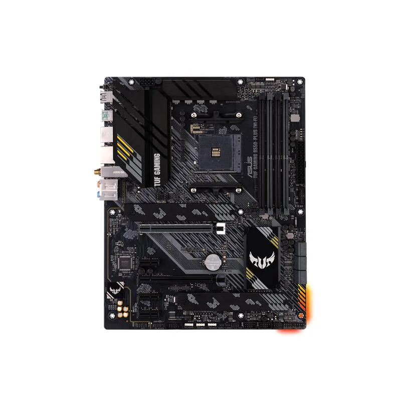 ATX motherboard in matte black with yellow accents, Wi-Fi antennas included