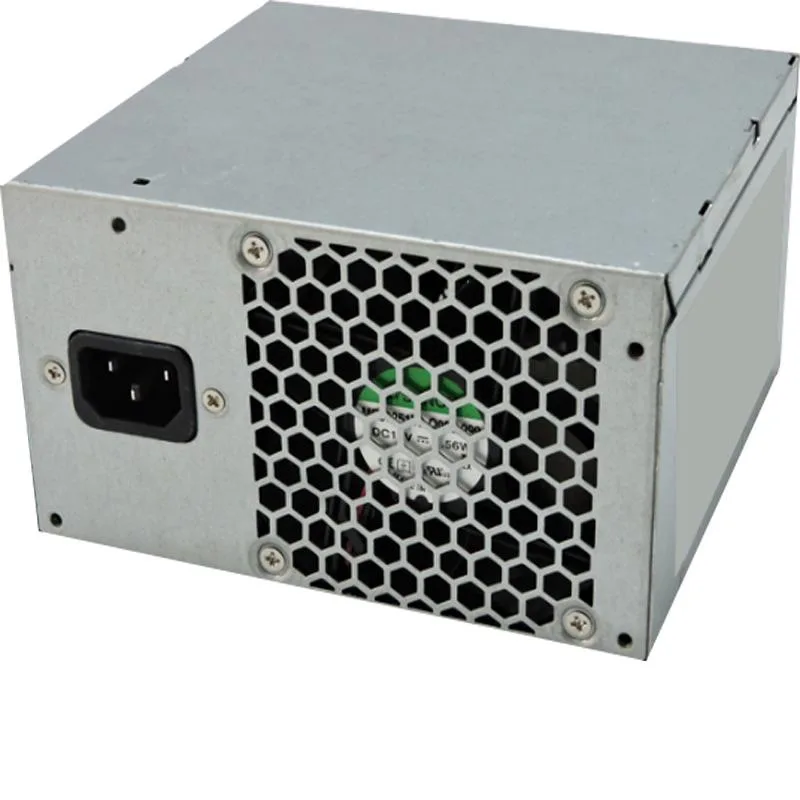 Rectangular silver ATX power supply unit with ventilation grille and label