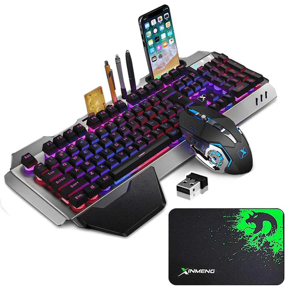 Black wireless keyboard and mouse set with rainbow backlighting, detachable palm rest, metal panel finish