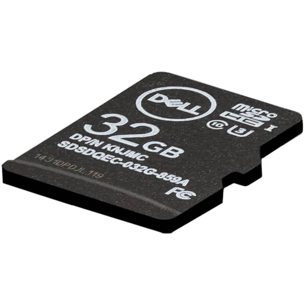 Small black Dell 32GB microSD card on light surface