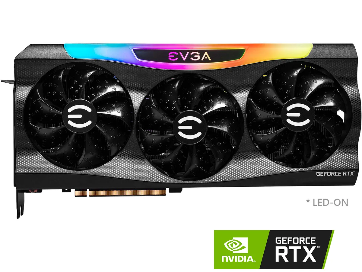 Black triple-fan graphics card with metal backplate and ARGB lighting