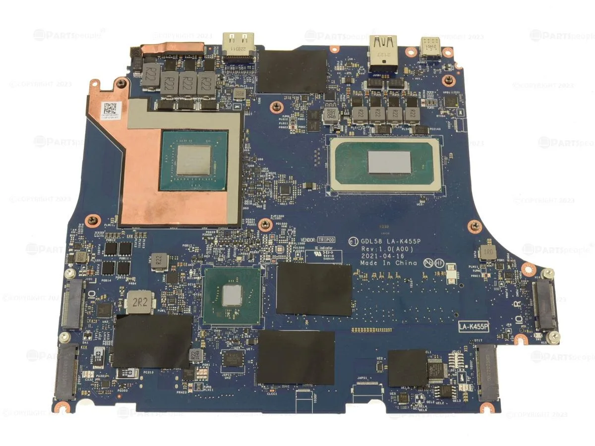 Green laptop motherboard with silver CPU cooler and black GPU heatsink, Dell G15 5511 JHTH3