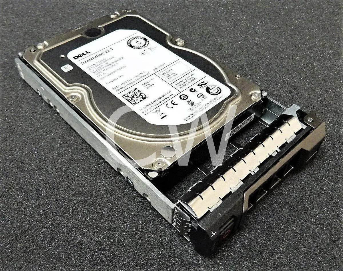 Silver 3.5 inch hard drive with black label and attached server tray