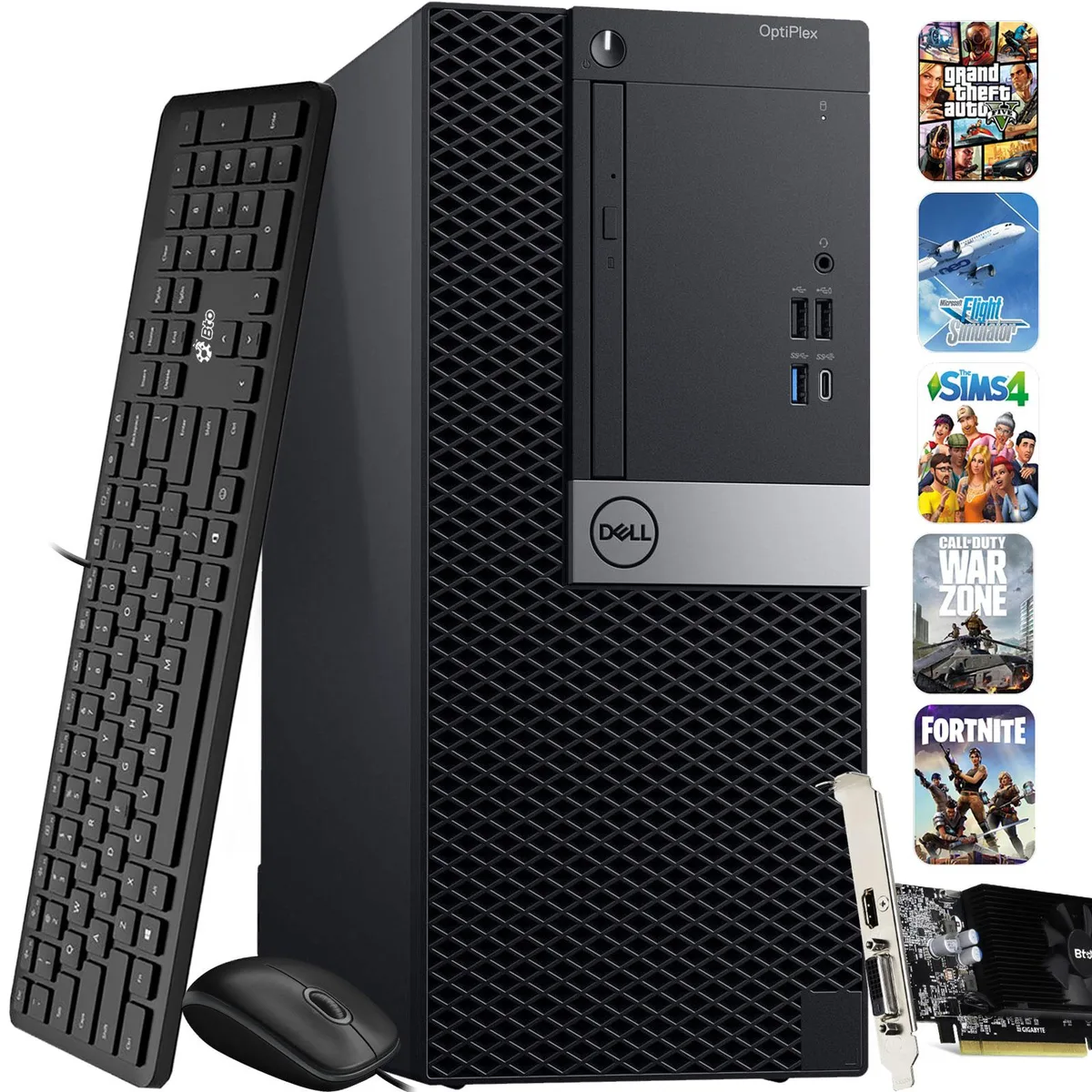 Black Dell OptiPlex 3060 SFF tower desktop with wired keyboard and mouse