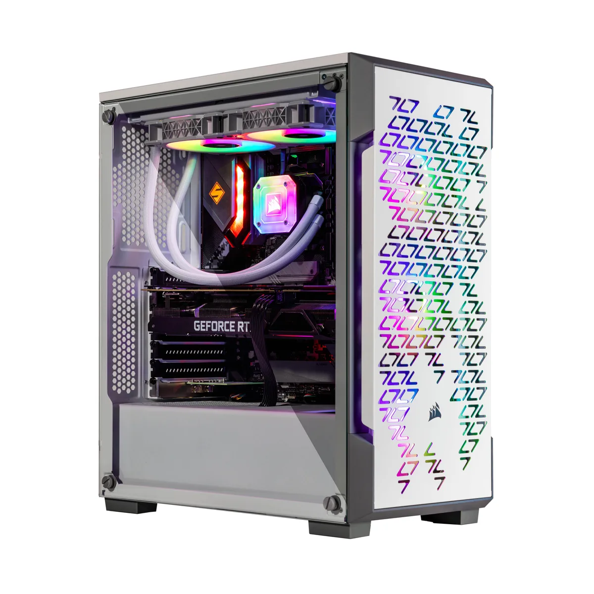 White mid-tower gaming desktop with RGB liquid cooler visible through glass side panel