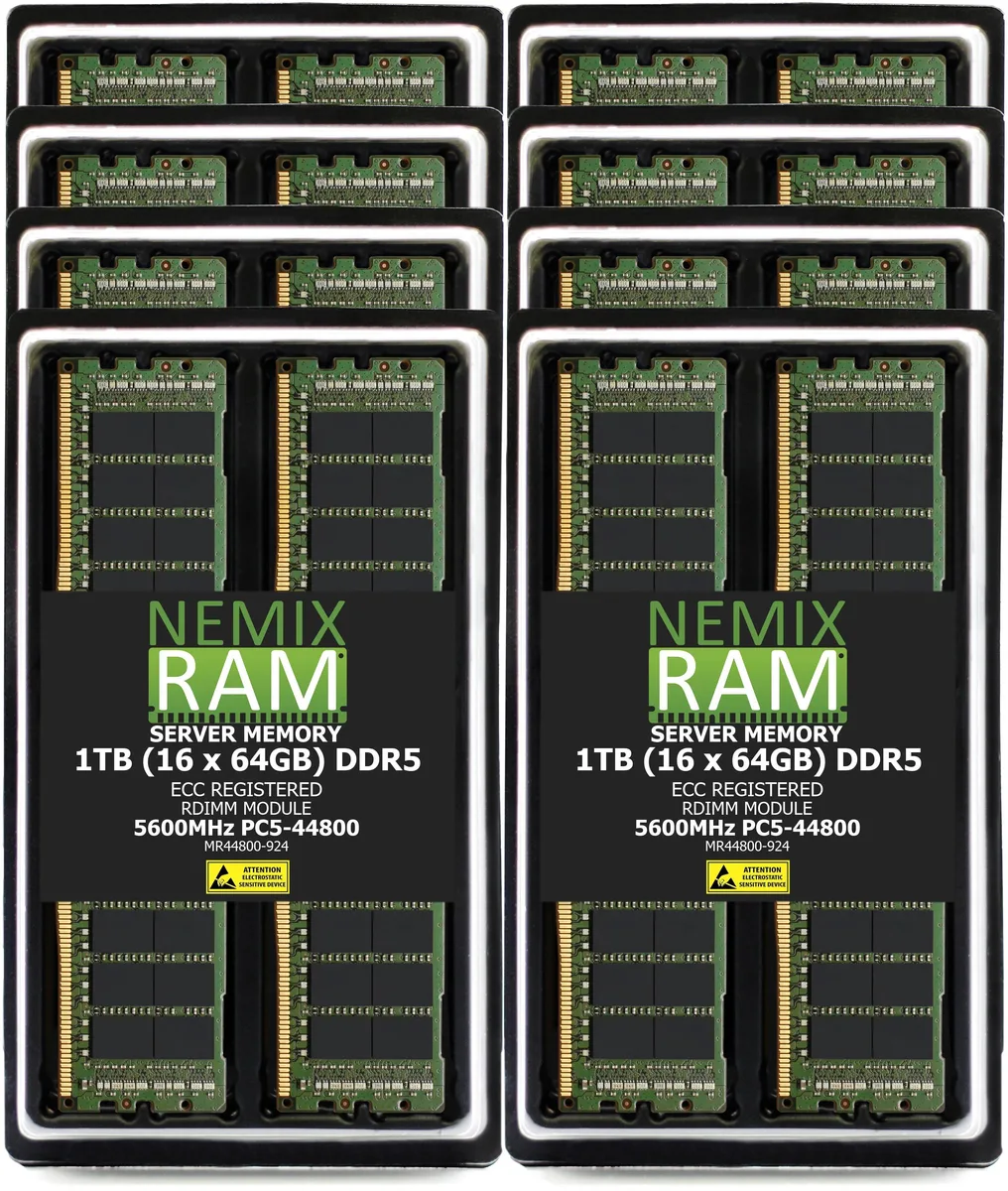 Sixteen green DDR5 RDIMM modules in a tray