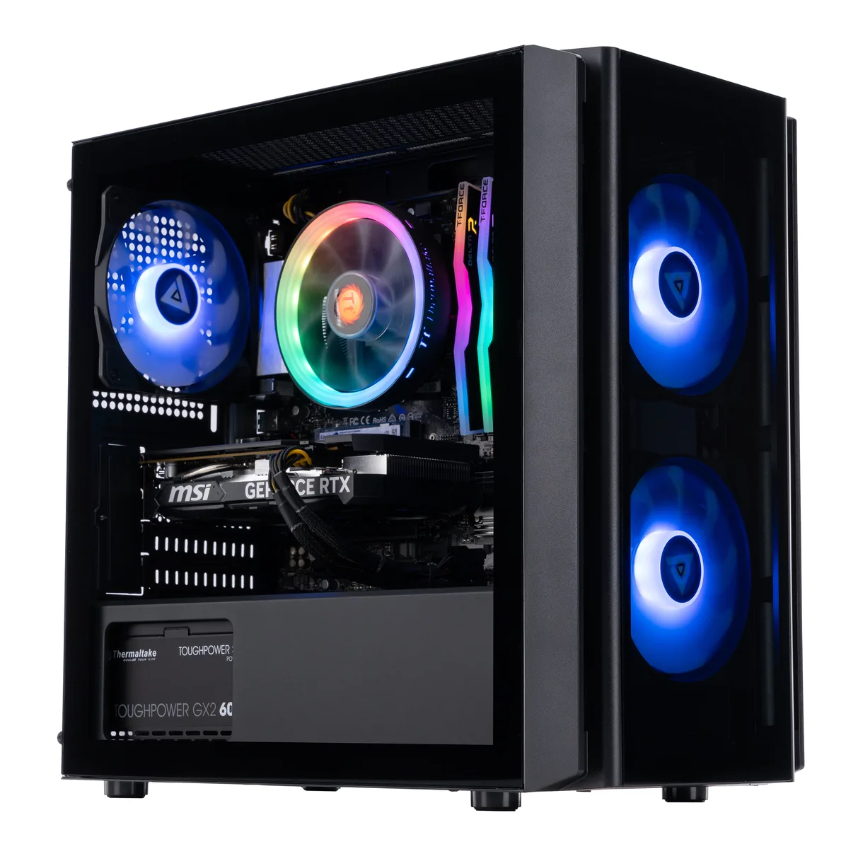 Black mATX desktop tower with RGB lighting visible through glass side panel