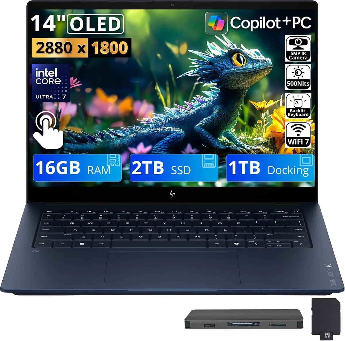 HP HP OmniBook X 14" 3K OLED Touch, Core Ultra 7 355, 16GB LPDDR5X, 2TB SSD + 1TB Dock, Blue — תמונת המוצר