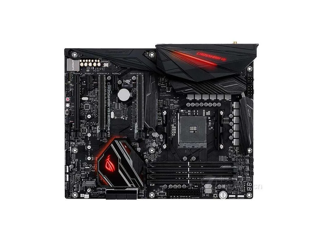 ATX motherboard with black heatsinks and silver accents