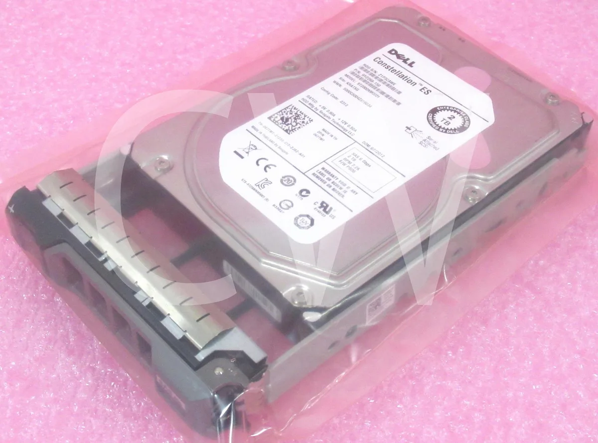 A silver 3.5 inch SAS hard drive mounted in a black Dell server tray