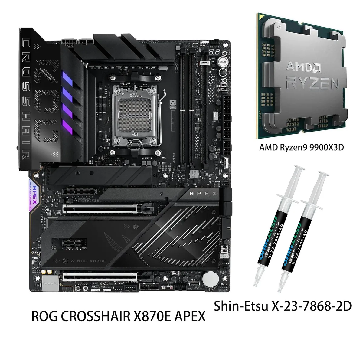 Black ATX motherboard with massive silver heatsinks, integrated I/O shield and a bundled Ryzen 9 9900X3D CPU