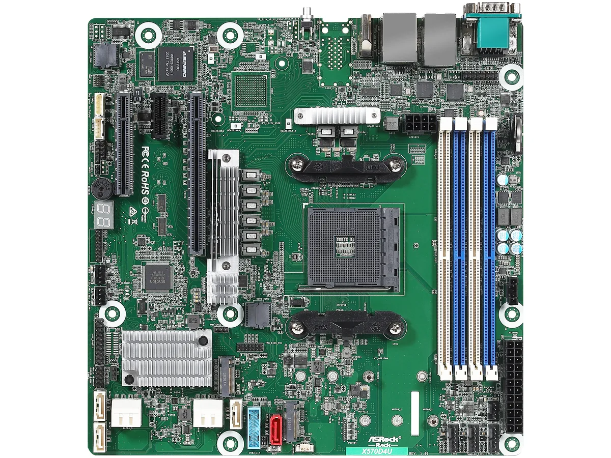 Green micro-ATX server board, AM4 socket, four DDR4 slots, dual RJ45 LAN, twelve SATA ports, IPMI port