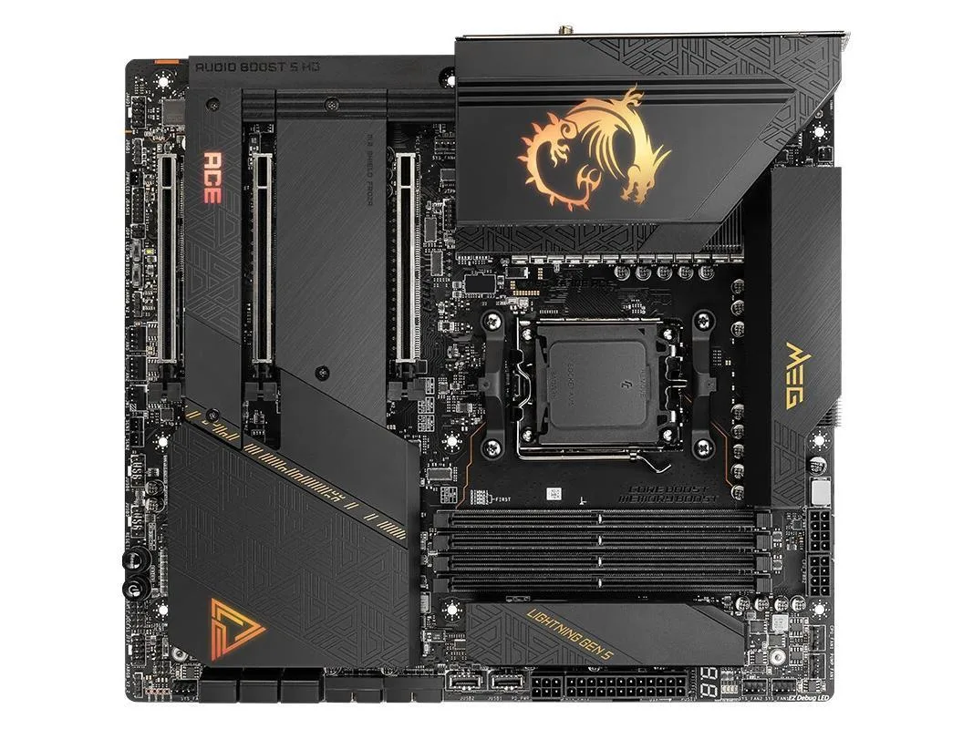 Black rectangular E-ATX motherboard with silver heatsinks and gold accents