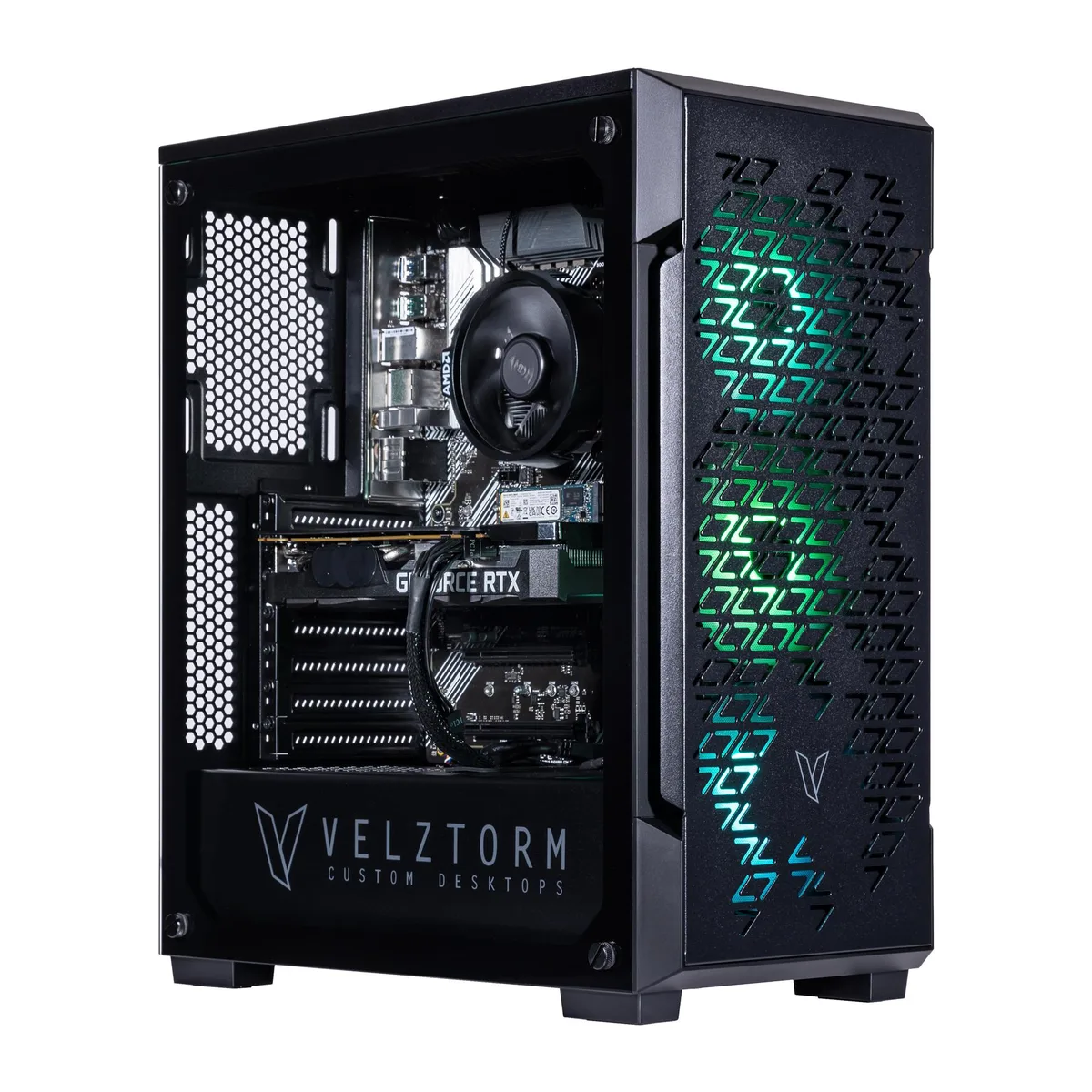 Black mid-tower desktop with RGB lighting, front panel ports visible