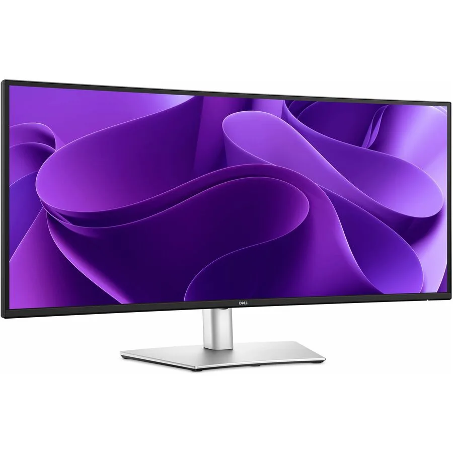 Curved 34.1 inch ultrawide monitor, black cabinet with silver stand, 21:9 IPS panel