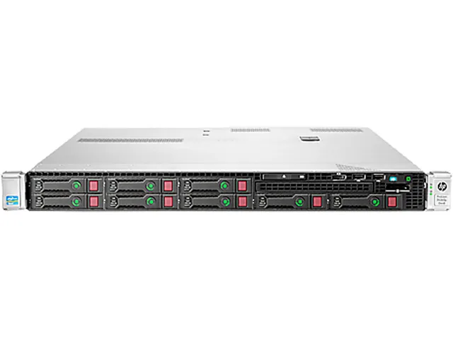 Silver 1U rack server front panel with eight 2.5-inch drive bays and HP badge