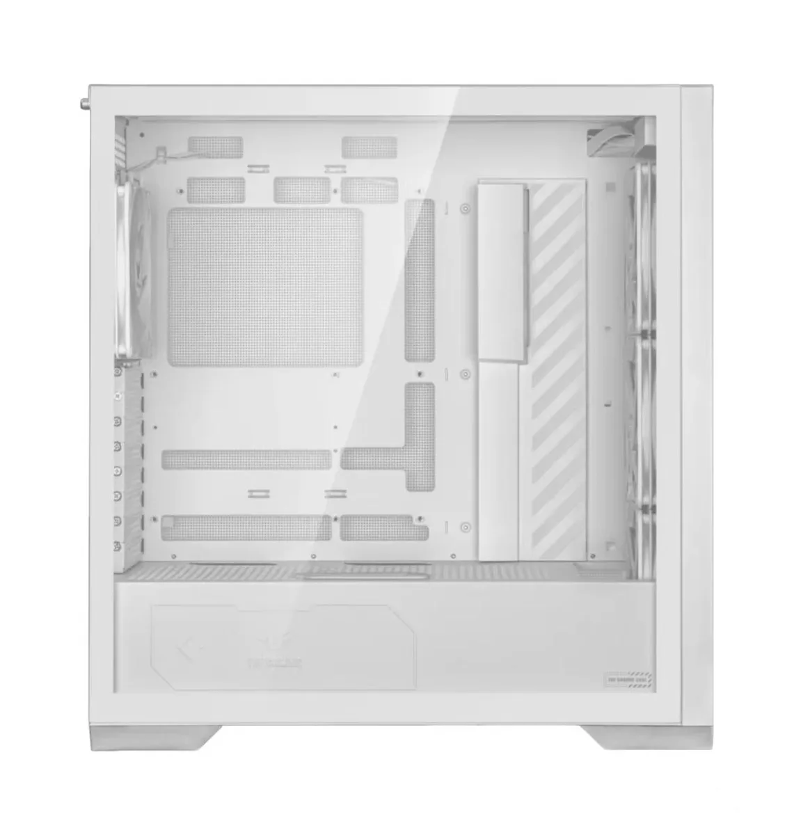 White mid-tower case with tempered glass left panel and four 140 mm ARGB fans visible
