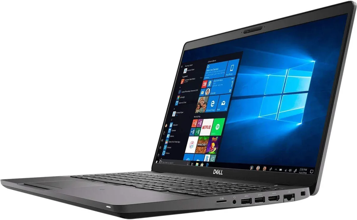 Black Dell Latitude 5500 laptop, 15.6 inch non-touch FHD screen, backlit keyboard with number pad, webcam, matte finish