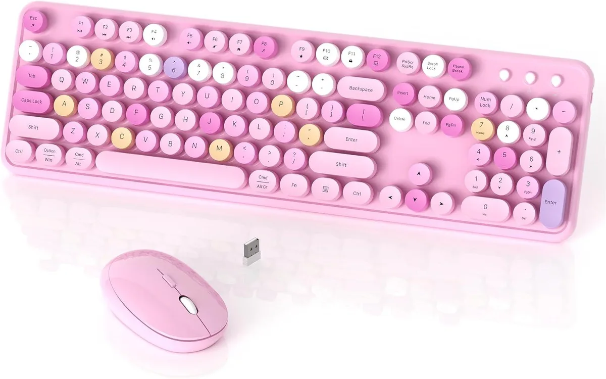 Pink full-size wireless keyboard with round retro keycaps