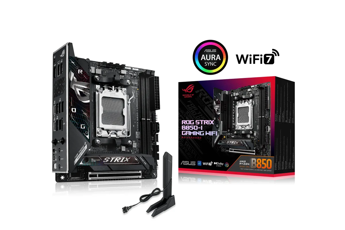 Compact Mini-ITX motherboard with dark heatsinks and integrated I/O cover