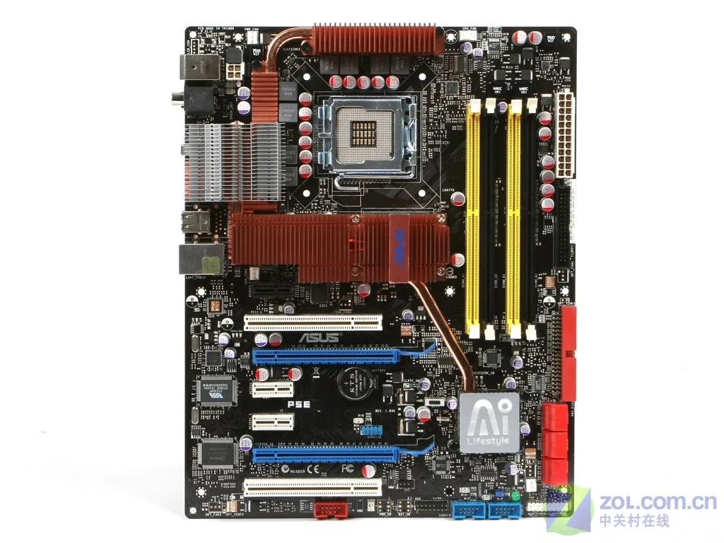 ATX motherboard green PCB silver heatsinks LGA 775 socket DDR2 slots