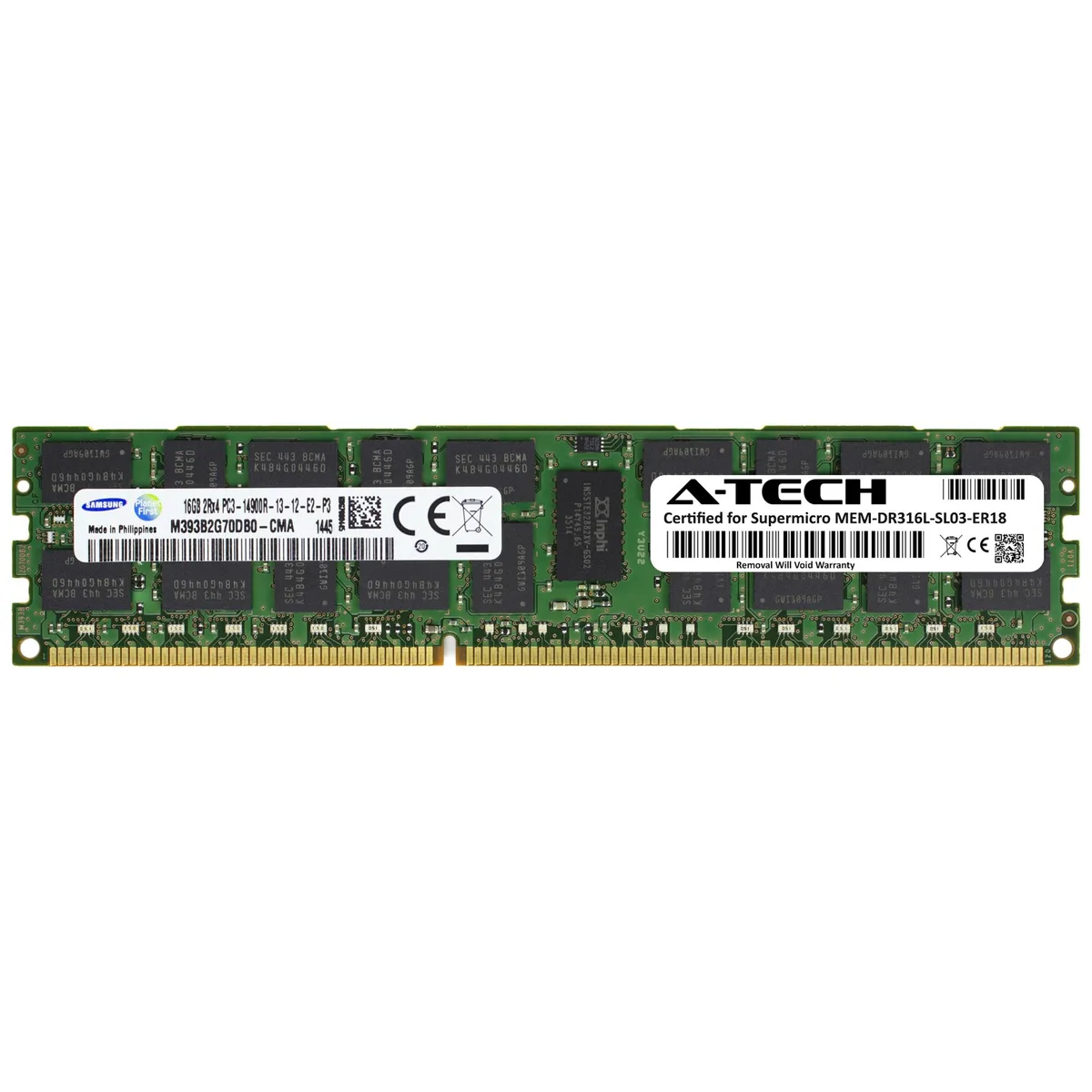 Green 240-pin DDR3 RDIMM module with black Samsung chips and a white label