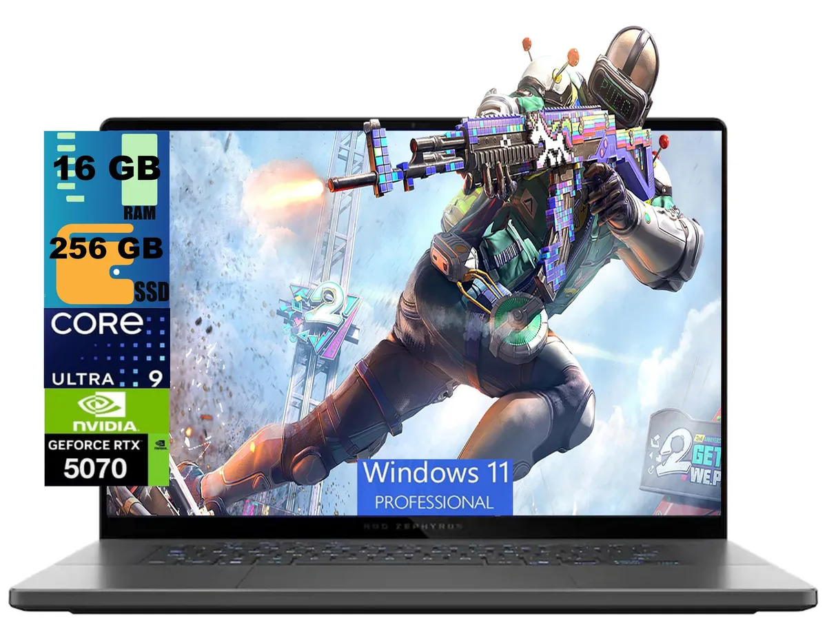 Grey ASUS ROG Zephyrus G16 laptop closed lid showing 16 inch OLED display and slim 0.75 inch profile