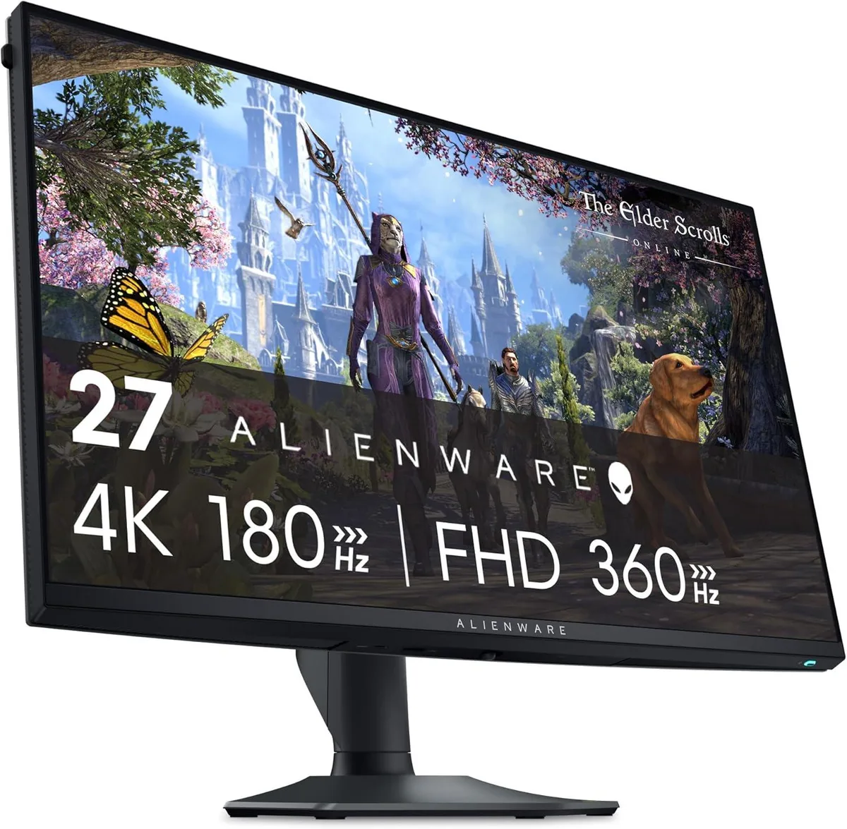 27 inch matte black gaming monitor with thin bezels and angular stand