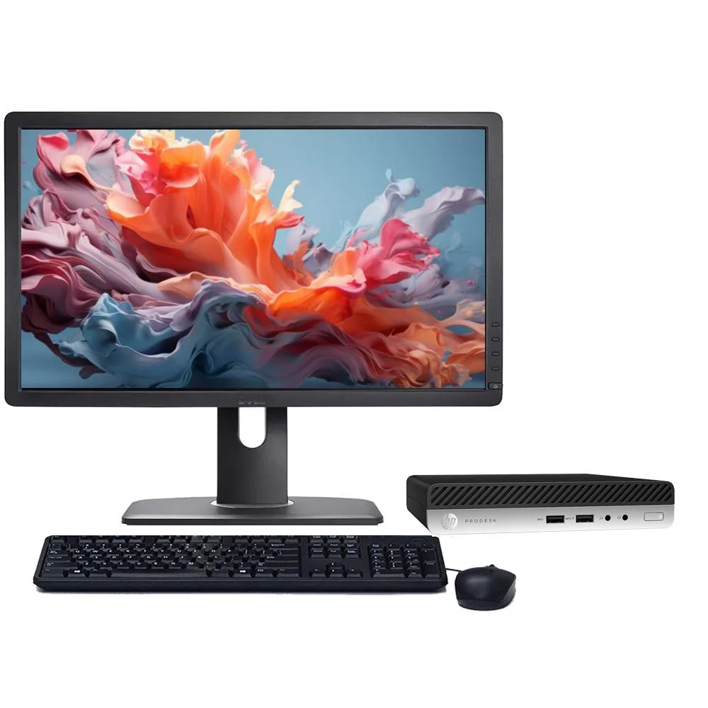 Black HP ProDesk G5 Micro PC mini desktop with 22 inch LCD monitor