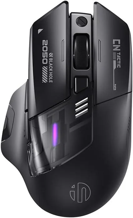 Inphic A9 Explorer wireless gaming mouse with raised palm rest, matte side grips, RGB light bar and visible battery indicator