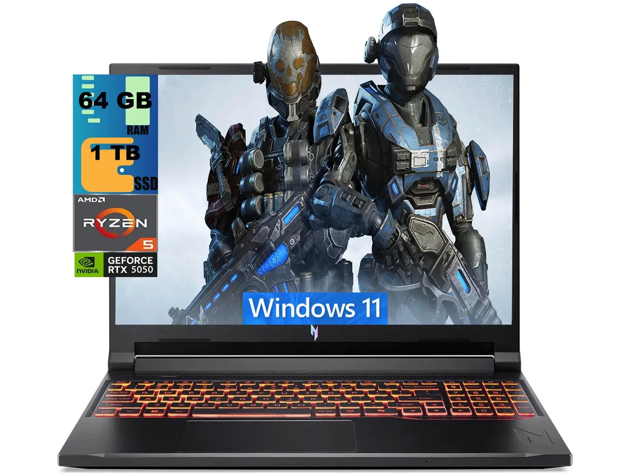 Black 16 inch gaming laptop with backlit keyboard and matte finish