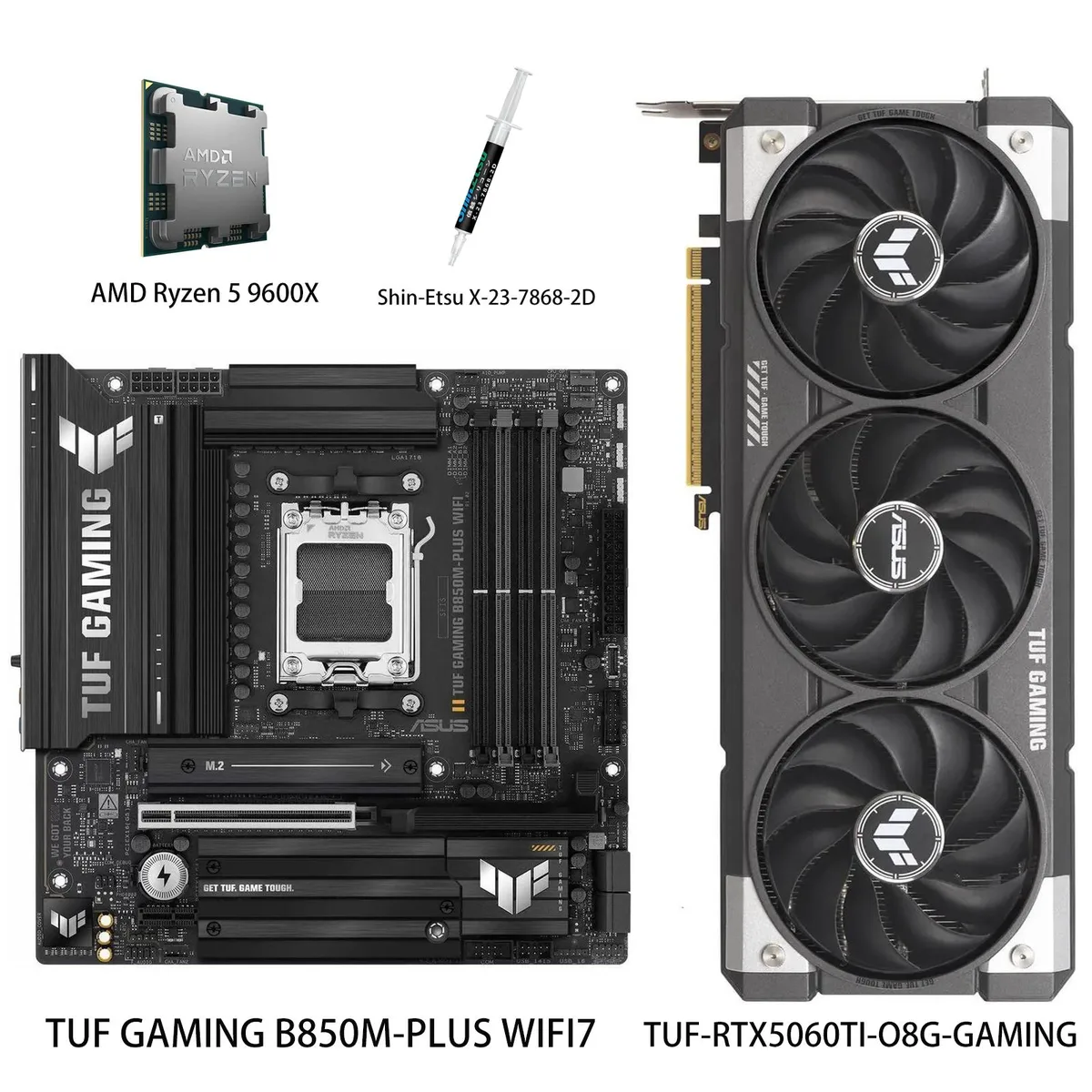 ASUS TUF GeForce RTX 5060 Ti graphics card in gray finish, three-fan cooler with metal backplate