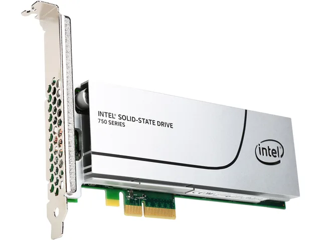 Green rectangular circuit board with gold edge connector and silver heatsink labeled Intel 750 Series 400GB