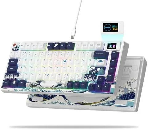 White 75% mechanical keyboard with colour multimedia screen, gasket mount, PBT keycaps