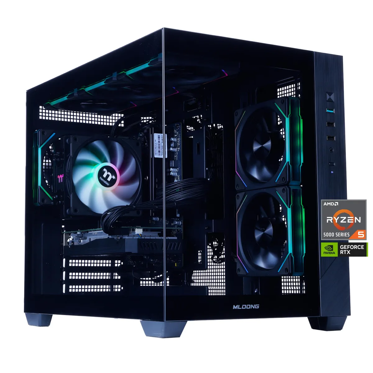 Black mid-tower gaming desktop with six ARGB fans visible through tempered glass side panel